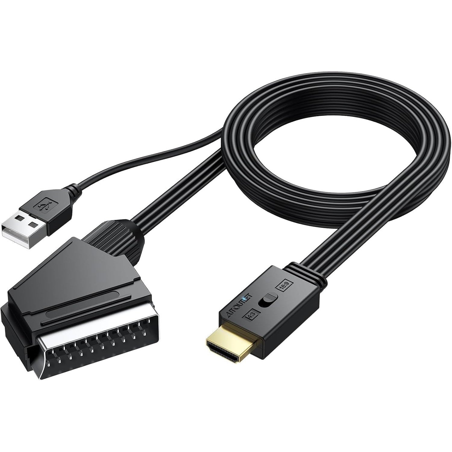 AUTOUTLET 150cm Black Scart to HDMI Adapter Cable for DVD/VCR
